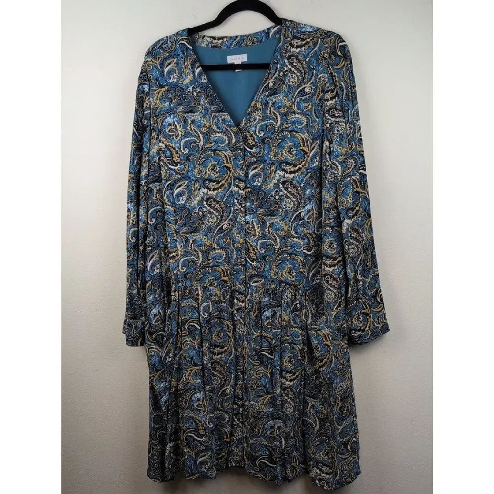 Garnet Hill Blue Paisley Drop Waist Crepe Shirtdress Size 10 Boho Lagenlook